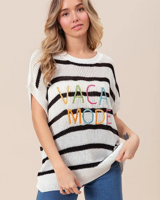 BiBi Vacay Mode Lettering Drop Shoulder Striped Sweater