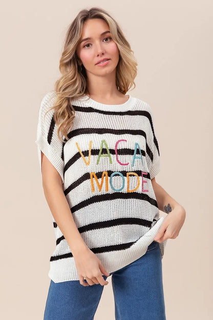 BiBi Vacay Mode Lettering Drop Shoulder Striped Sweater