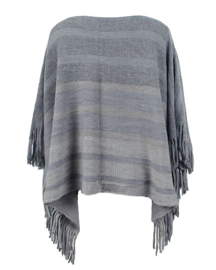 Striped Boat Neck Poncho with Fringes