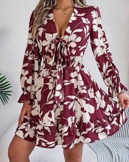 Tied Ruffled Printed Long Sleeve Dress Burgundy