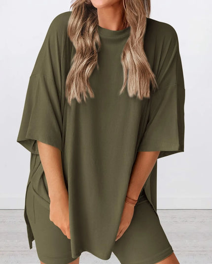 Full Size Oversized Slit Round Neck Top and Shorts Lounge Set Plus Size 
