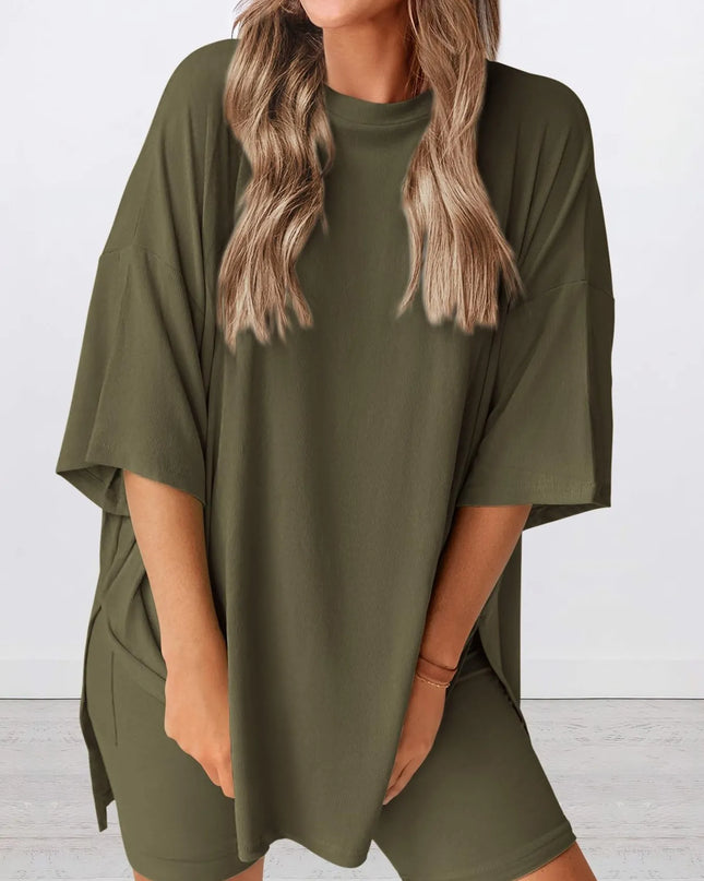 Full Size Oversized Slit Round Neck Top and Shorts Lounge Set Plus Size 