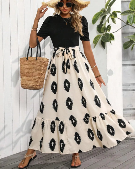 Printed Tie Waist Short Sleeve Maxi Dress 