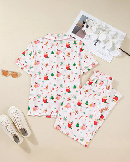Christmas Spirit Cute Holiday Print Short Sleeve Shirt and Pants 2pcs Pajama Set