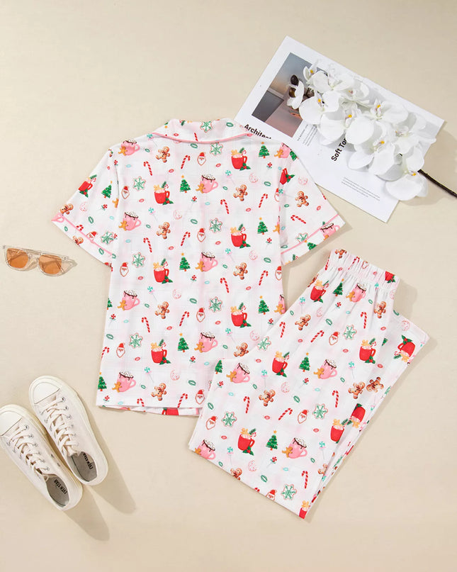 Christmas Spirit Cute Holiday Print Short Sleeve Shirt and Pants 2pcs Pajama Set