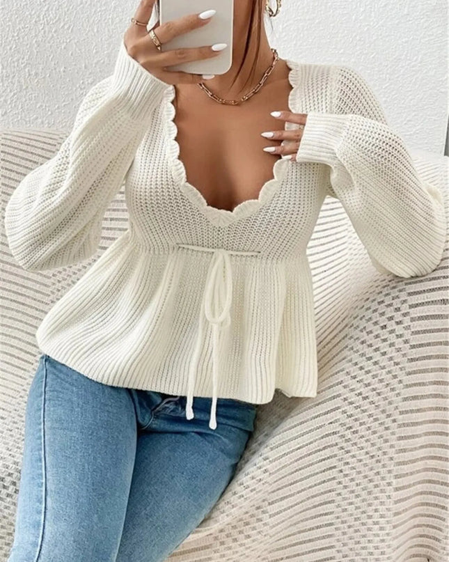 Scalloped V-Neck Drawstring Knit Top