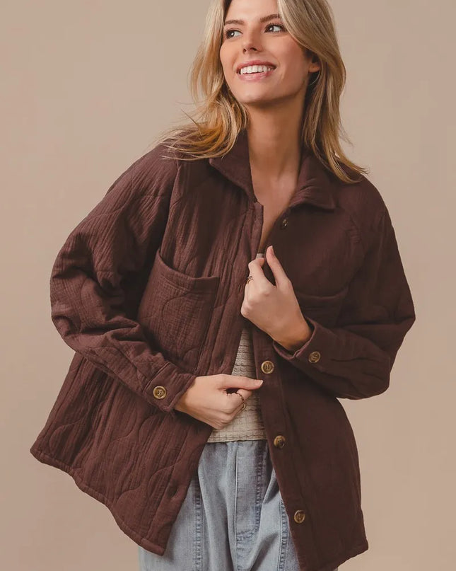 BiBi Quilted Wrinkle Gauze Long Sleeve Shacket