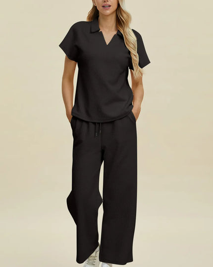 Double Take Full Size Collared Neck Short Sleeve Top and Pants Set Black