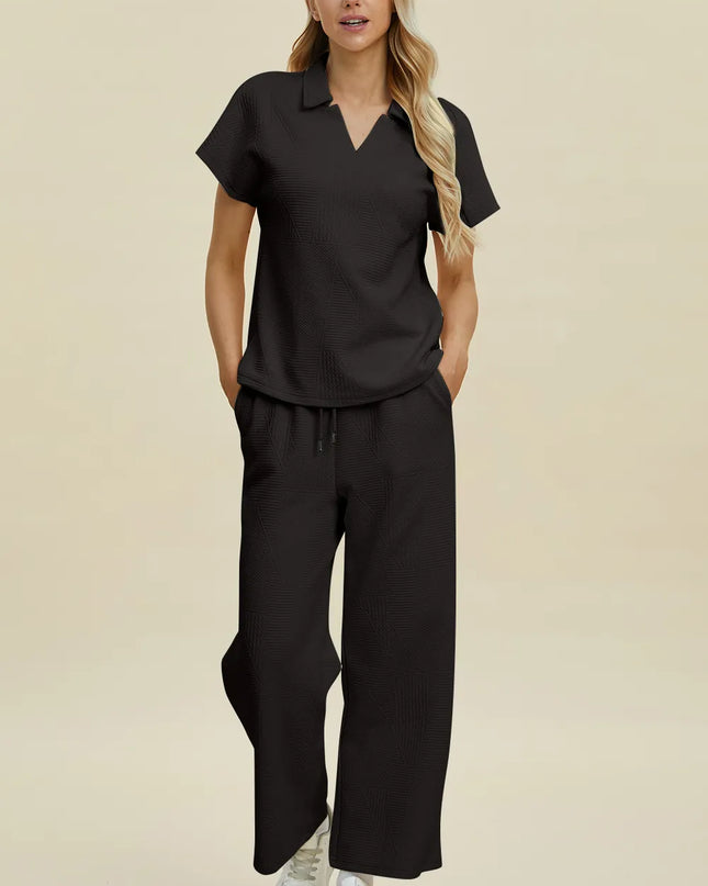 Double Take Full Size Collared Neck Short Sleeve Top and Pants Set Black