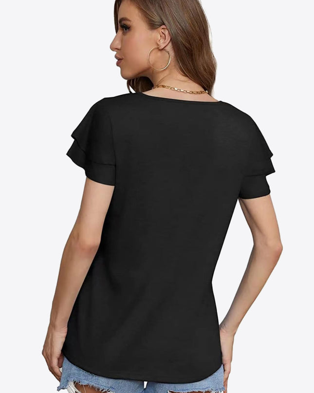 Tie-Neck Layered Flutter Sleeve Blouse