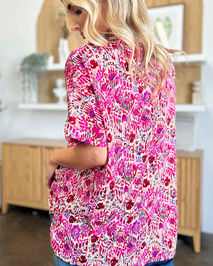 Double Take Full Size Printed V-Neck Short Sleeve Blouse