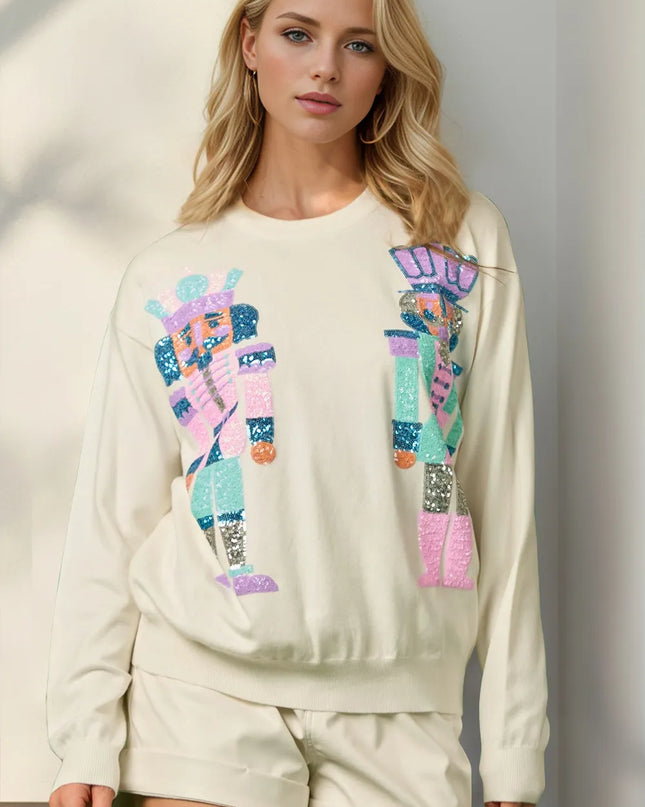 Double Take Full Size Sequin Nutcracker Long Sleeve Sweater Cream