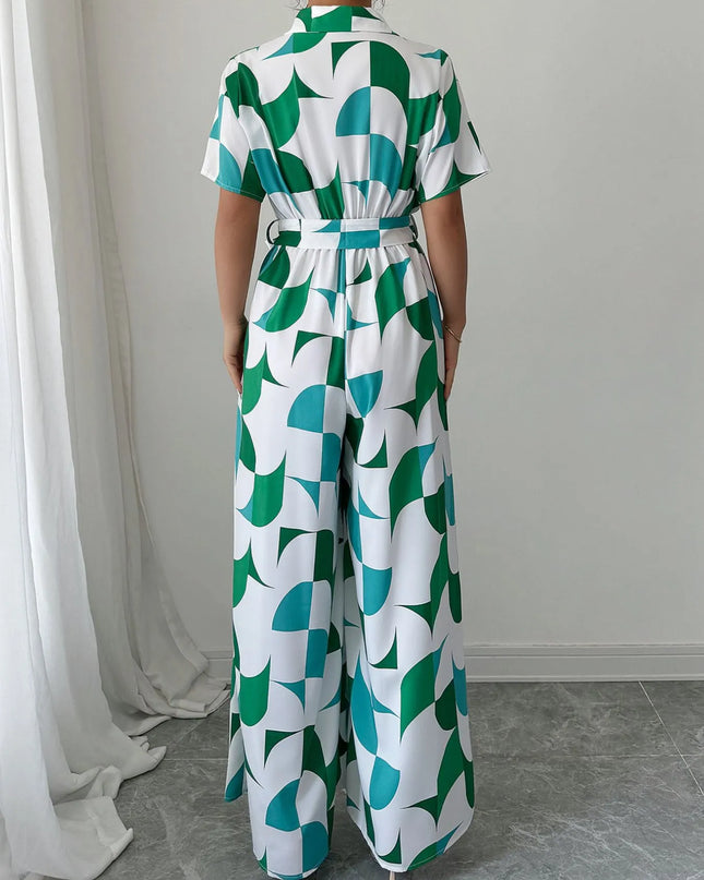 Printed Wide Leg Belted Jumpsuit