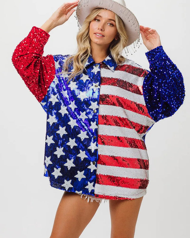BiBi Velvet Sequin American Flag Shirt ROYAL BLUE RED