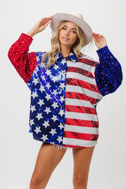 BiBi Velvet Sequin American Flag Shirt ROYAL BLUE RED