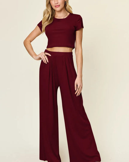 Double Take Full Size Round Neck Top and Pants Set Burgundy