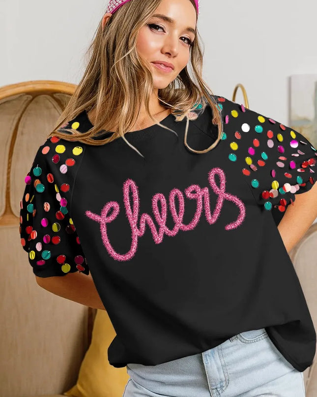 BiBi Metallic Letter Spangle Raglan Puff Sleeve Top