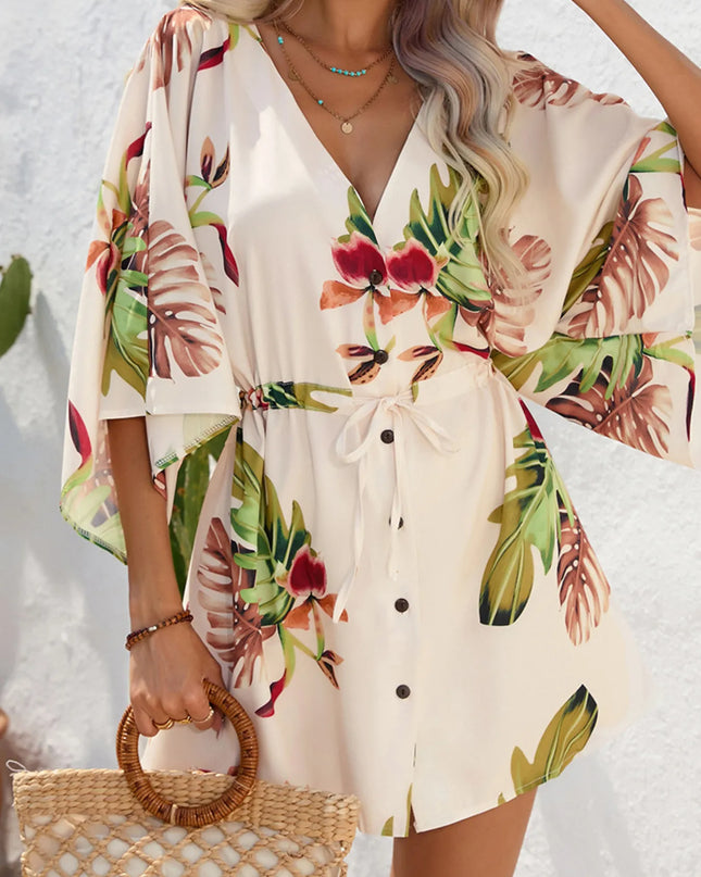 Color Block Drawstring Waist Button Up Dress