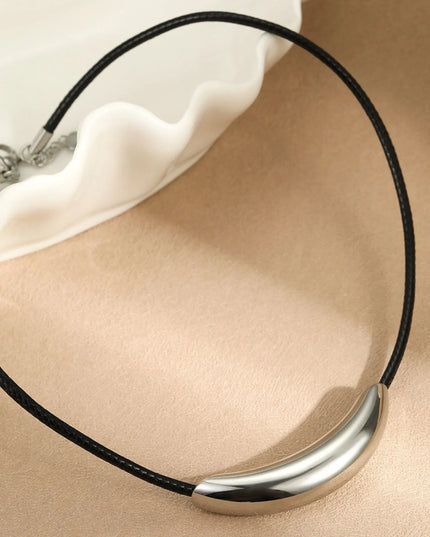 Stainless Steel Curved Bar Necklace with Leather Rope Silver One Size