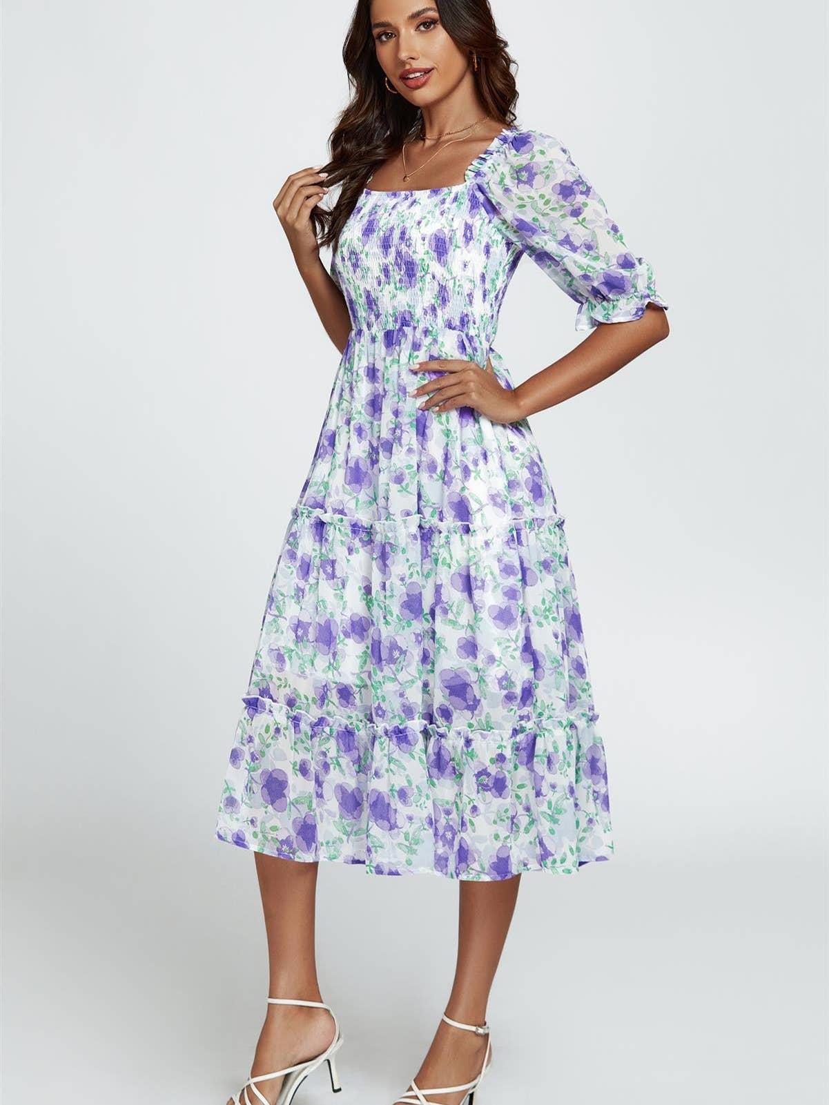 Floral Print Bardot Puff Sleeve Elasticated Detail Midi Dress in White