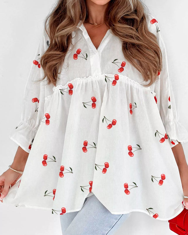 Cherry Print Flounce Sleeve Collared Frilled Babydoll Blouse White