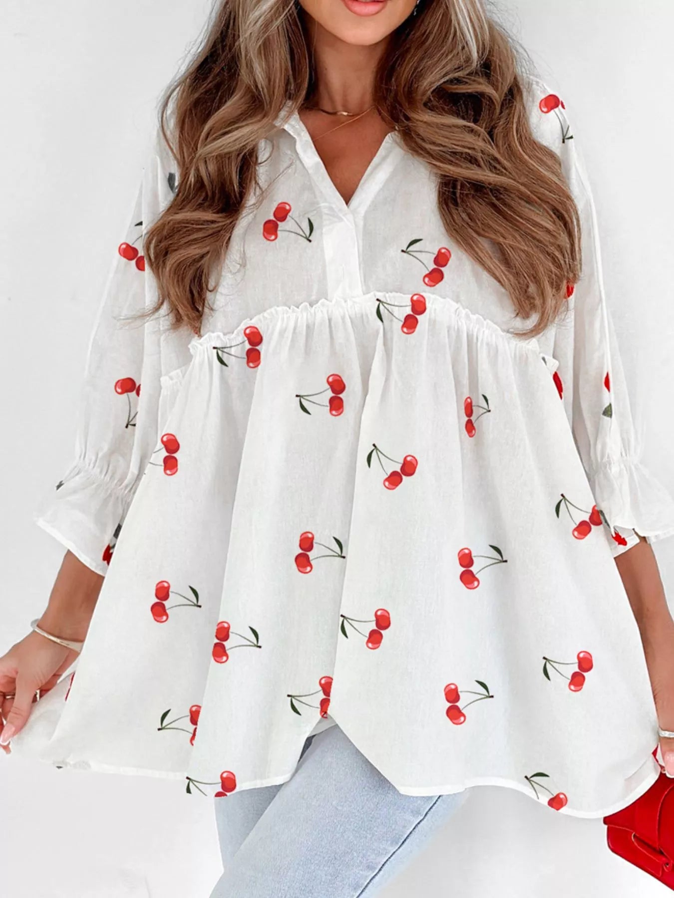 Cherry Print Flounce Sleeve Collared Frilled Babydoll Blouse White