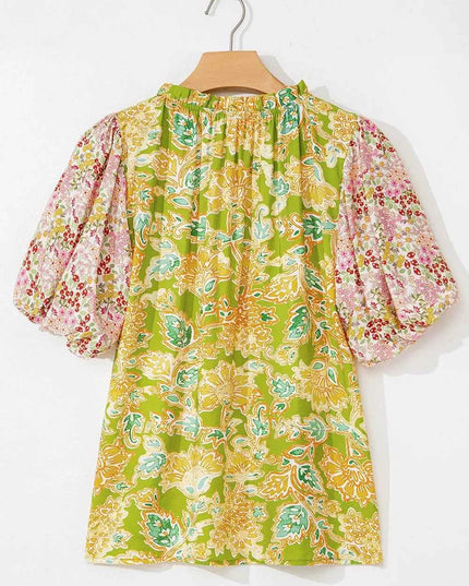 Multicolour Printed Contrast Bubble Sleeve Patchwork Blouse