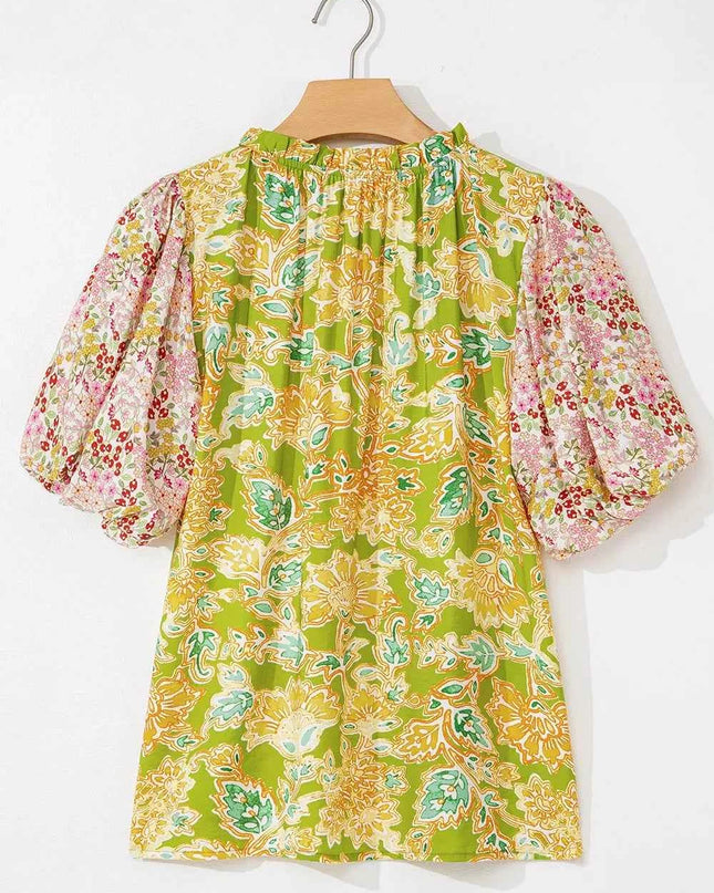 Multicolour Printed Contrast Bubble Sleeve Patchwork Blouse