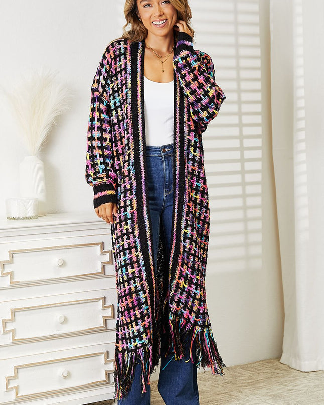 Angel Wings Full Size Multicolored Open Front Fringe Hem Cardigan