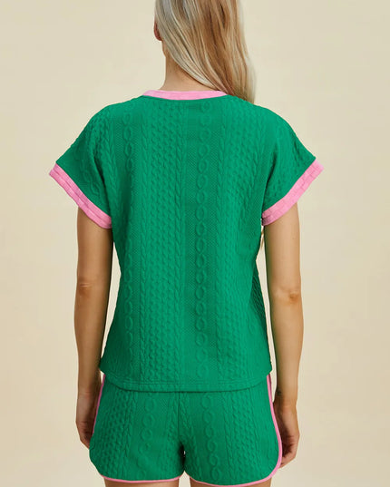 Double Take Full Size Texture Contrast T-Shirt and Shorts Set