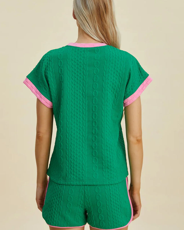 Double Take Full Size Texture Contrast T-Shirt and Shorts Set