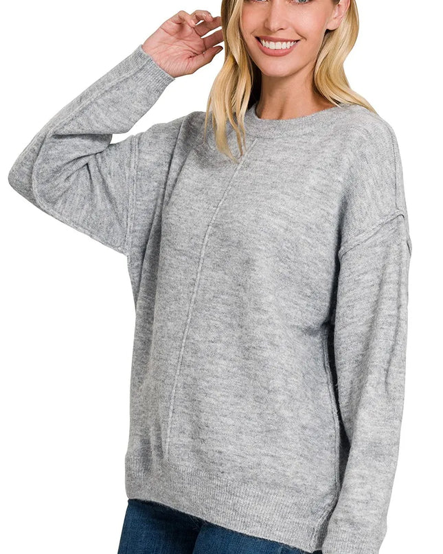 Zenana Melange Front Seam Round-Neck Sweater