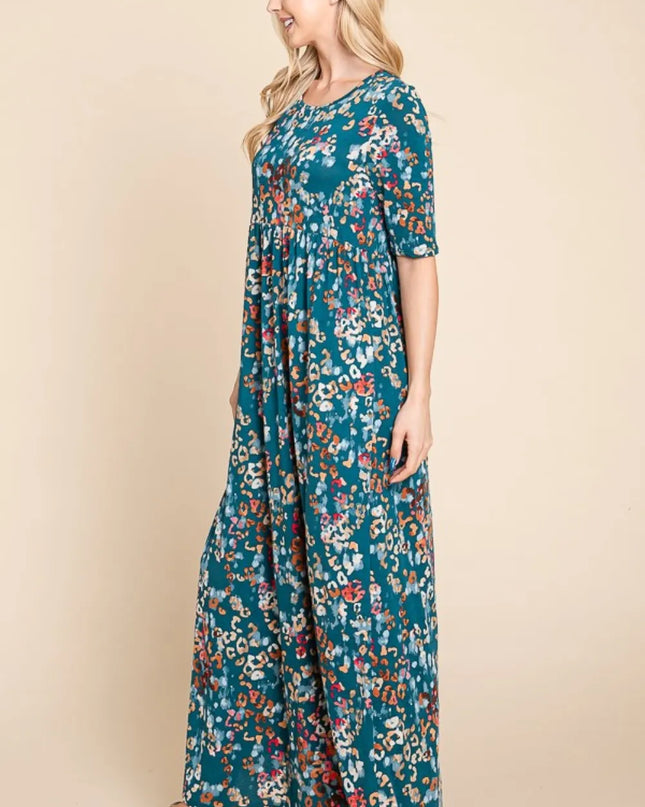 BOMBOM Printed Shirred Maxi Dress