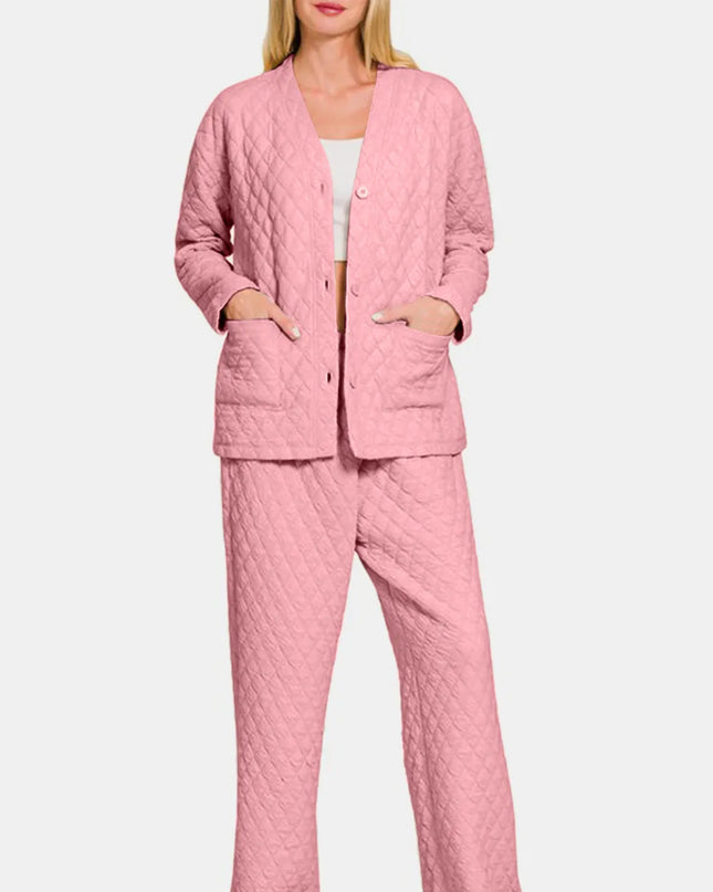 Zenana Quilted Button Up Long Sleeve Top and Pants Lounge Set