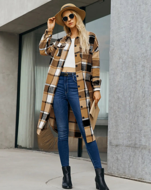 Plaid Pocketed Button Up Trench Coat 