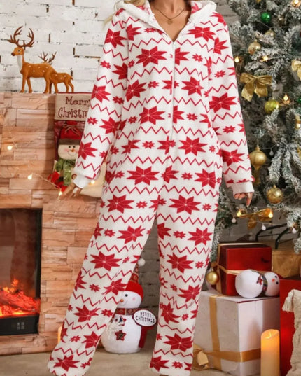 Fuzzy Geometric Half Zip Hooded Jumpsuit White