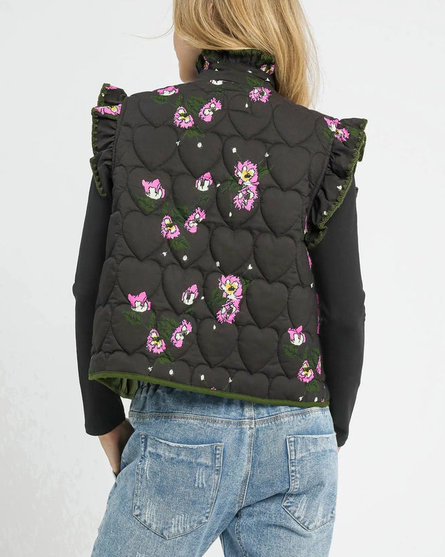 Umgee Ruffled Quilted Floral Snap Down Vest
