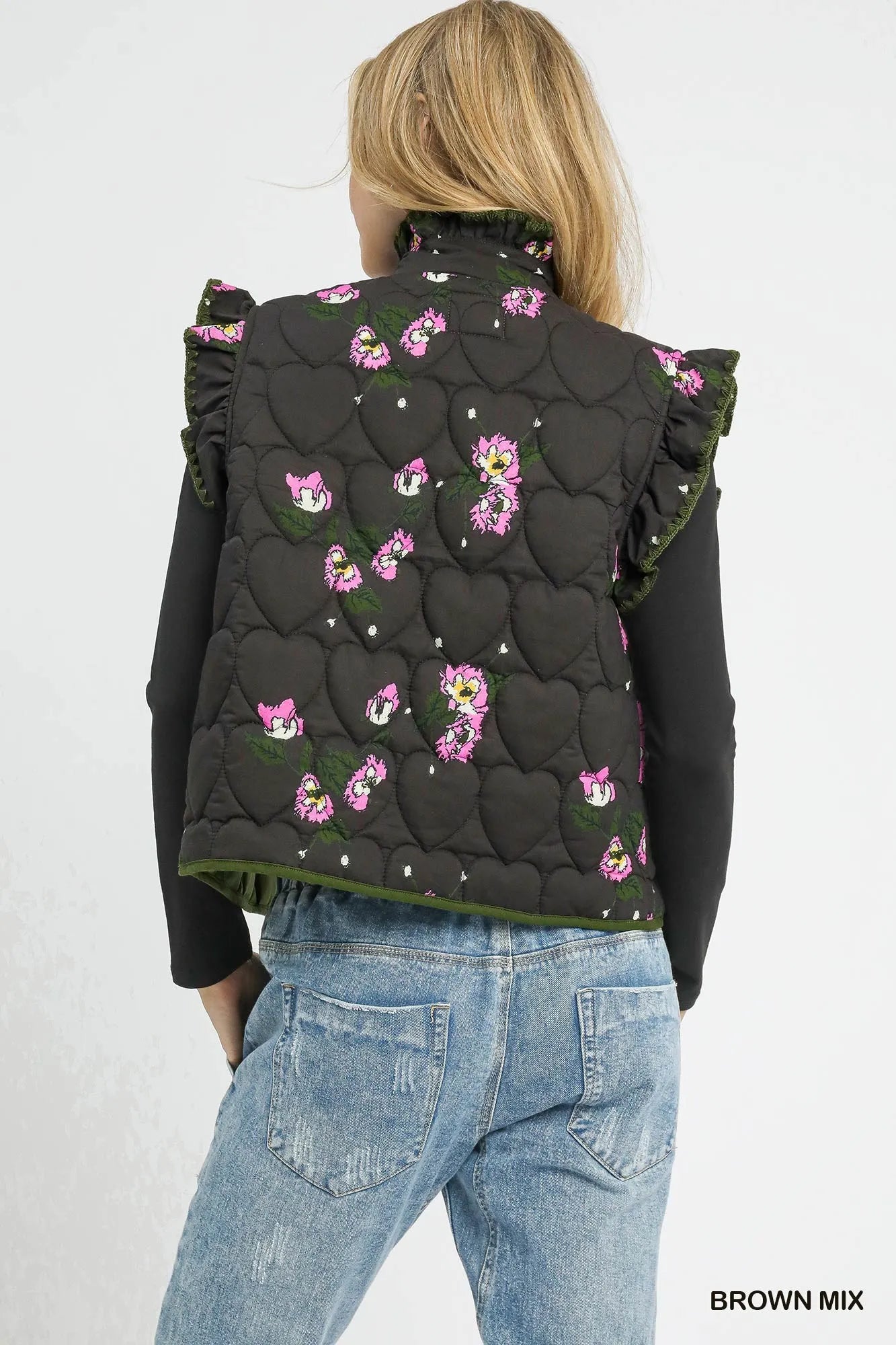 Umgee Ruffled Quilted Floral Snap Down Vest