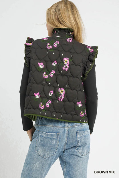 Umgee Ruffled Quilted Floral Snap Down Vest