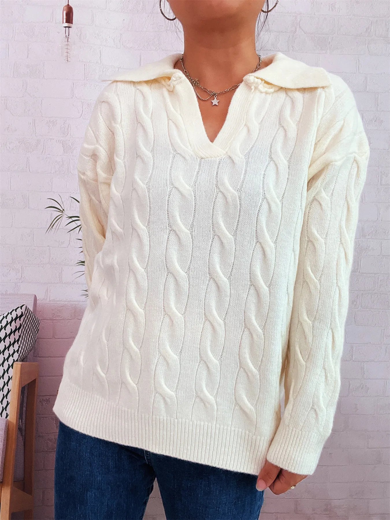 Cable Knit Johnny Collar Sweater