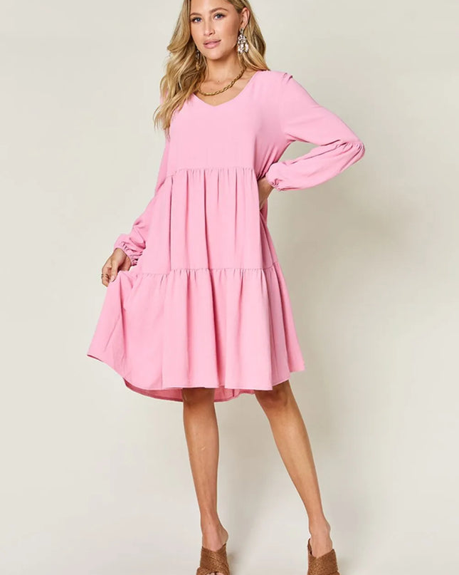 Double Take Full Size V-Neck Balloon Sleeve Tiered Dress with Pockets