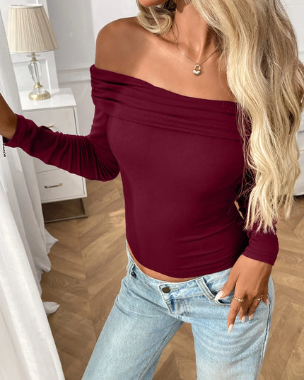 Off-Shoulder Long Sleeve Fitted T-Shirt