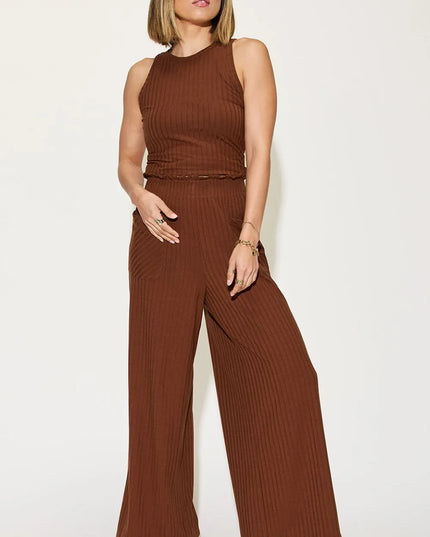 Basic Bae Full Size Ribbed Tank and Wide Leg Pants Set Dark Brown