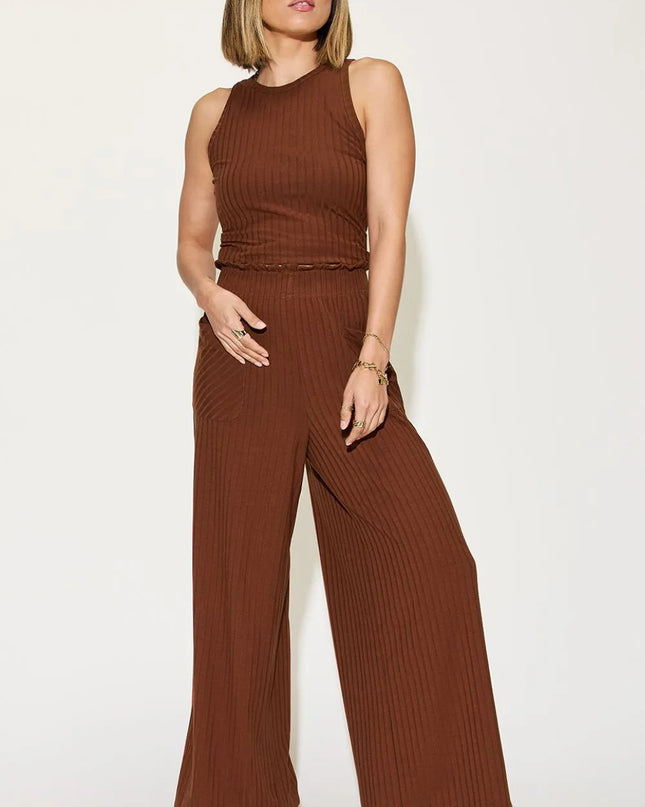 Basic Bae Full Size Ribbed Tank and Wide Leg Pants Set Dark Brown