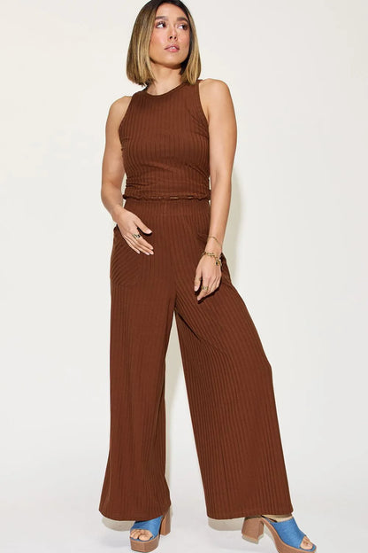 Basic Bae Full Size Ribbed Tank and Wide Leg Pants Set Dark Brown