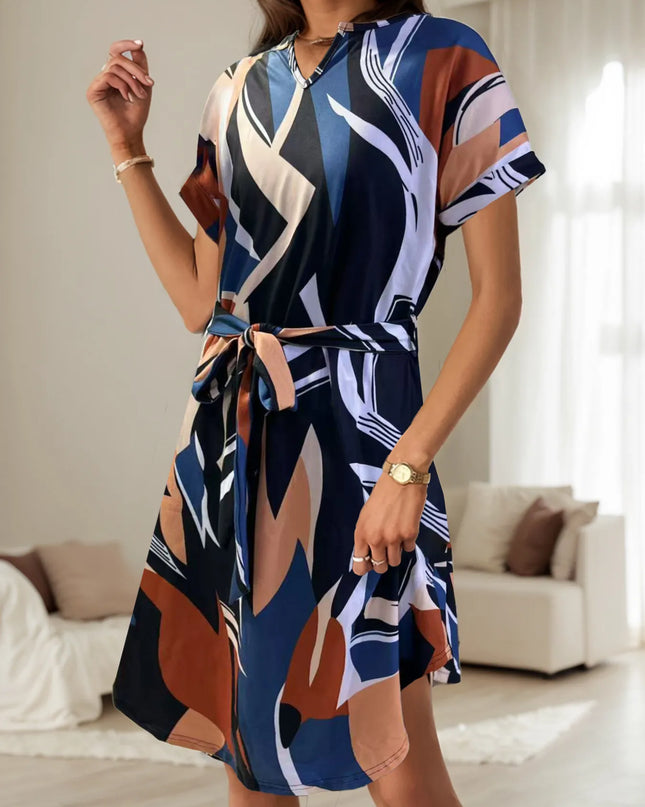 Abstract Print Belted Short Sleeve Midi Dress Navy