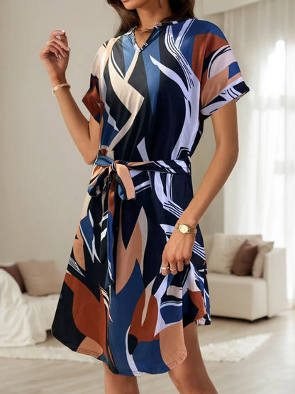 Abstract Print Belted Short Sleeve Midi Dress Navy