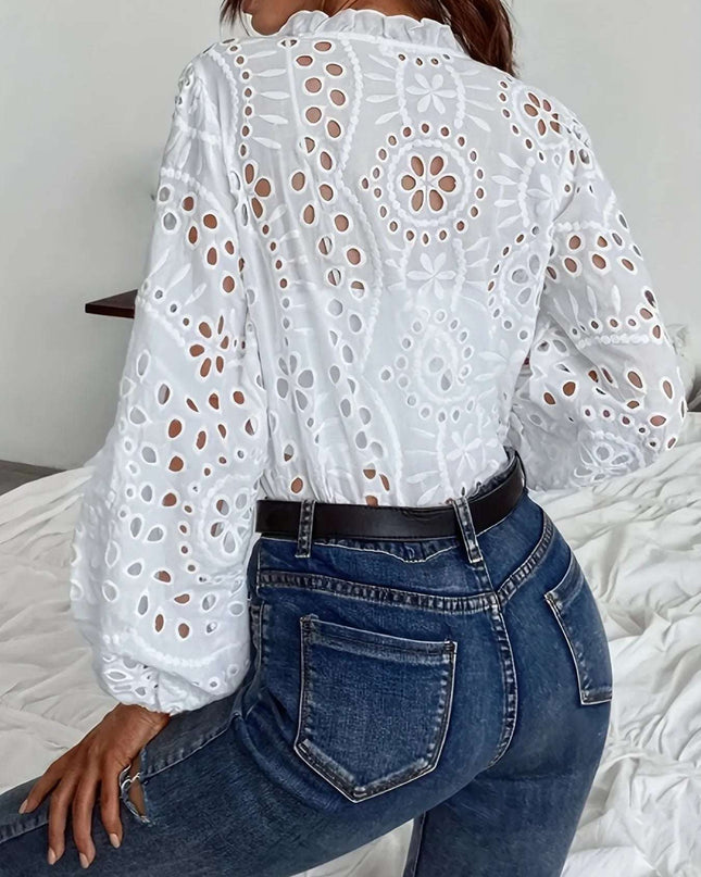 Eyelet Embroidered Button Front Shirt with Puffed Sleeves