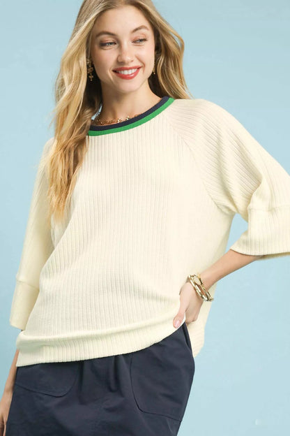 Umgee Ribbed Knit Top with Contrast Trim ECRU