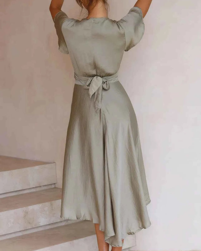 High-Low Plunge Flutter Sleeve Dress